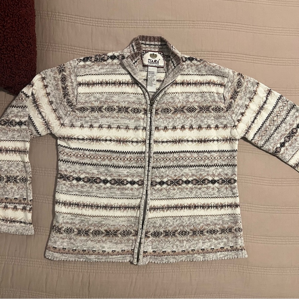 Tiara International Knit Zip Sweater Jacket with Earth Tones Y2K